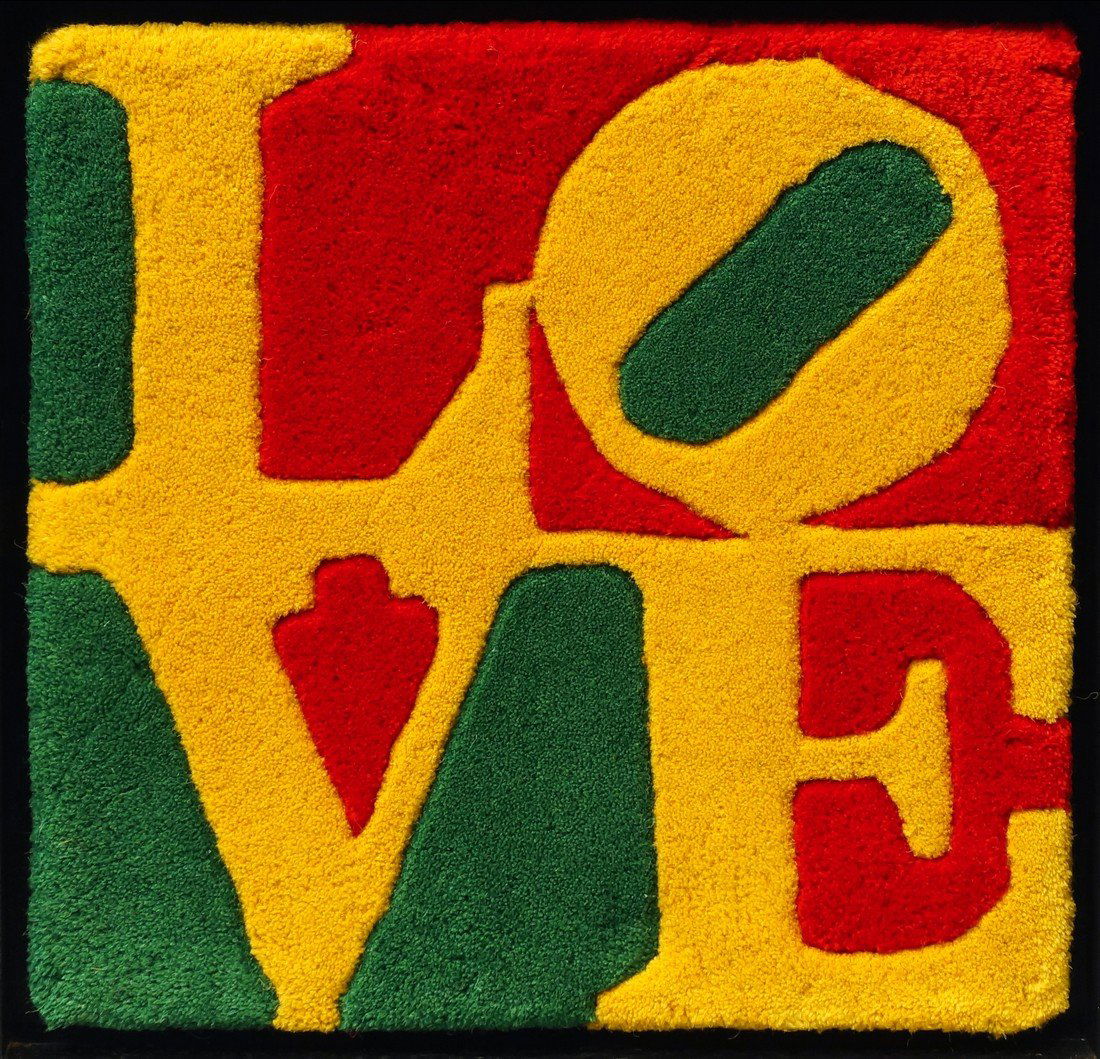 Robert Indiana, American b.1928- ''Summer Love'';: Robert Indiana, American b.1928- ''Summer Love''; multiple, hand tufted wool, produced in 2006 for Galerie-F, Germany, in an ebonised frame, manufacturer's label numbered 194 attached to the reverse,