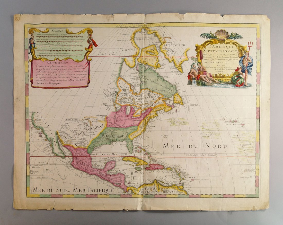 Guillaume Delisle, French 1675-1726- ''L'Amerique: Guillaume Delisle, French 1675-1726- ''L'Amerique Septentrionale'', Publ. in Paris, 20 Jan 1700; copper engraving, hand-coloured, 46x61cm, (unframed)
