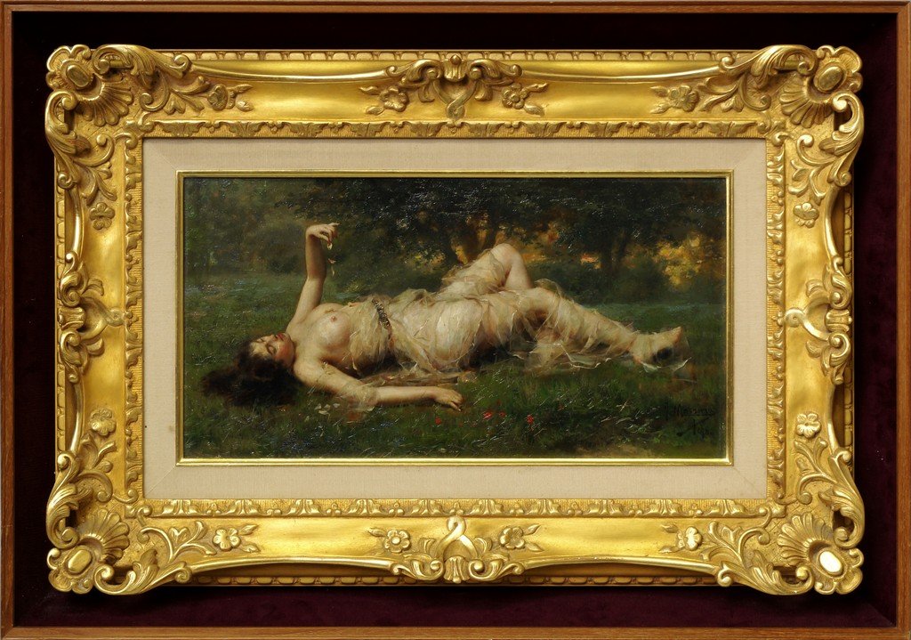 Francisco Masriera y Manovens, Spanish 1842-1902-: Francisco Masriera y Manovens, Spanish 1842-1902- Reclining female nude, draped with diaphanous fabric, in a landscape; oil on board, signed and dated 1890, 23.2x44.4cm (VAT charged on hammer price)