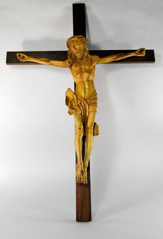 A German lime wood Corpus Christi, attributed to the: A German lime wood Corpus Christi, attributed to the workshop of Tilman Riemenschneider (1460-1531), early 16th century, attached to a modern cross, 67.5cm high, the cross, 110.5 by 77cm Provenance: D