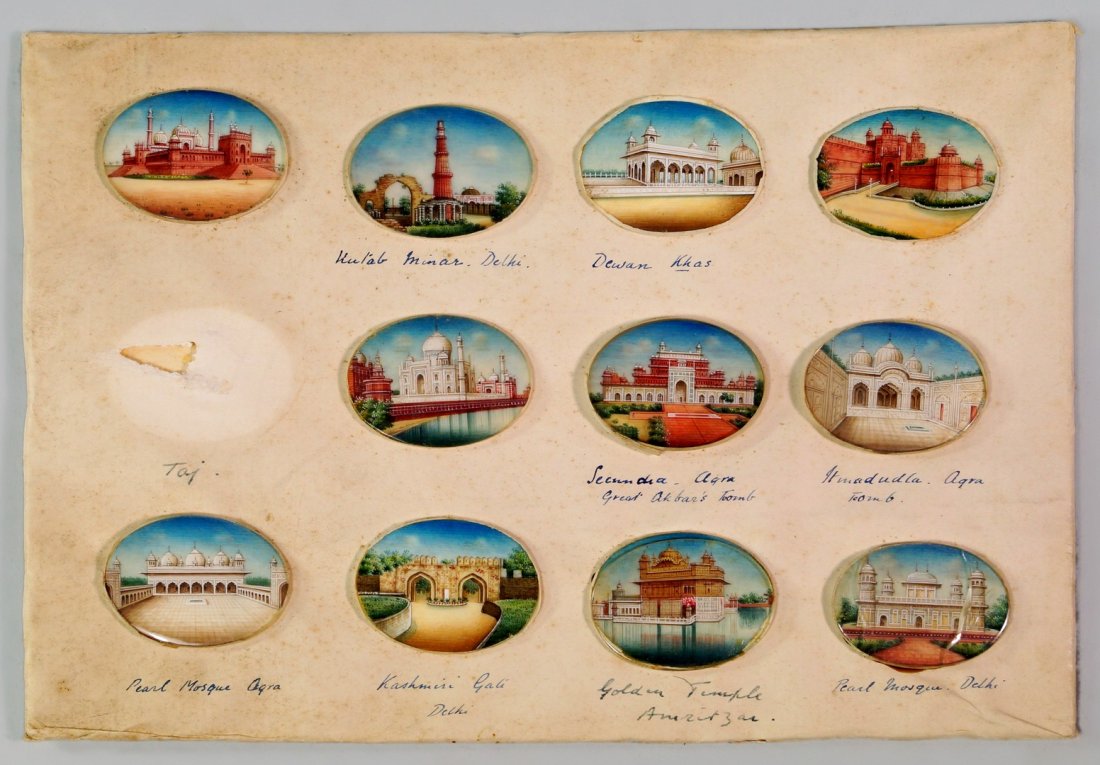 A collection of oval Indian miniature views of Palaces: A collection of oval Indian miniature views of Palaces and sites, late 19th/early 20th century, to include views of Kutab Minar Delhi, Dewan Khas, Sikandra Great Akbar's Tomb Agra, Itmadudla Agra Tomb