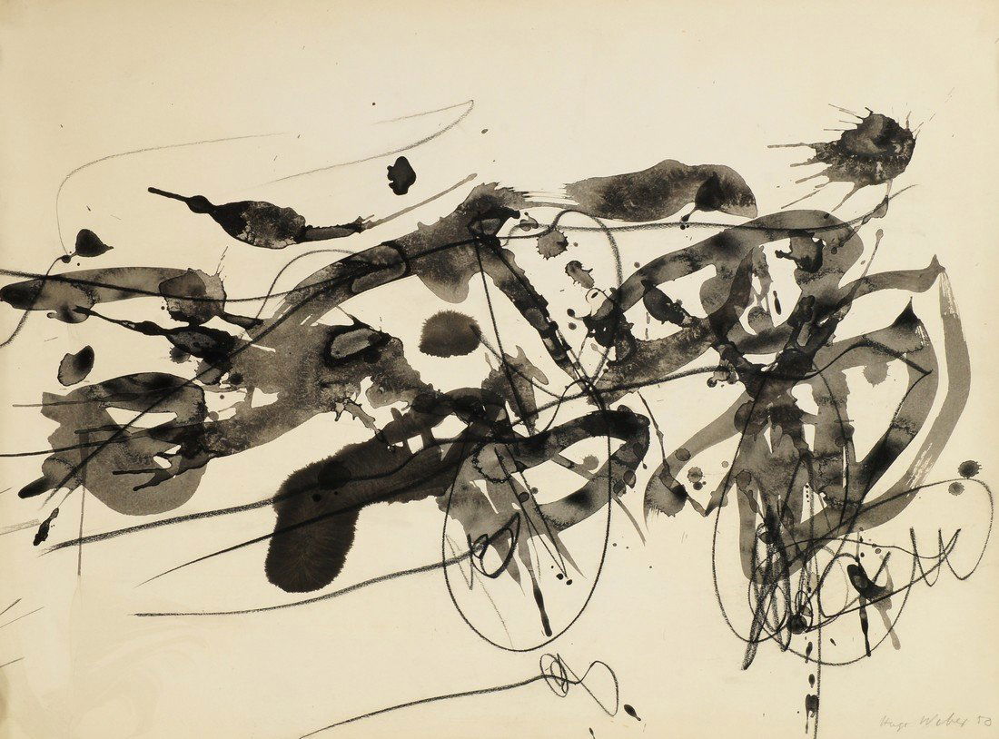 Hugo Weber, Swiss/American 1918-1971- Abstract: Hugo Weber, Swiss/American 1918-1971- Abstract composition; black ink and charcoal, signed and dated '50 in pencil, 48.8x63.7cm, (unframed/rolled)