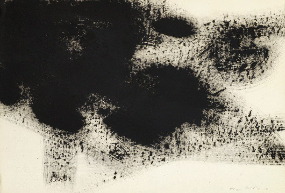 Hugo Weber, Swiss/American 1918-1971- Abstract: Hugo Weber, Swiss/American 1918-1971- Abstract composition; black ink, signed and dated '56 in pencil, 47.2x63.8cm, (unframed/rolled)
