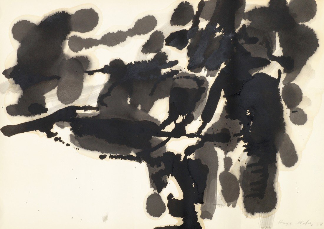 Hugo Weber, Swiss/American 1918-1971- Abstract: Hugo Weber, Swiss/American 1918-1971- Abstract composition; black ink, signed and dated '58 in pencil, 50.1x64.5cm, (unframed/rolled)