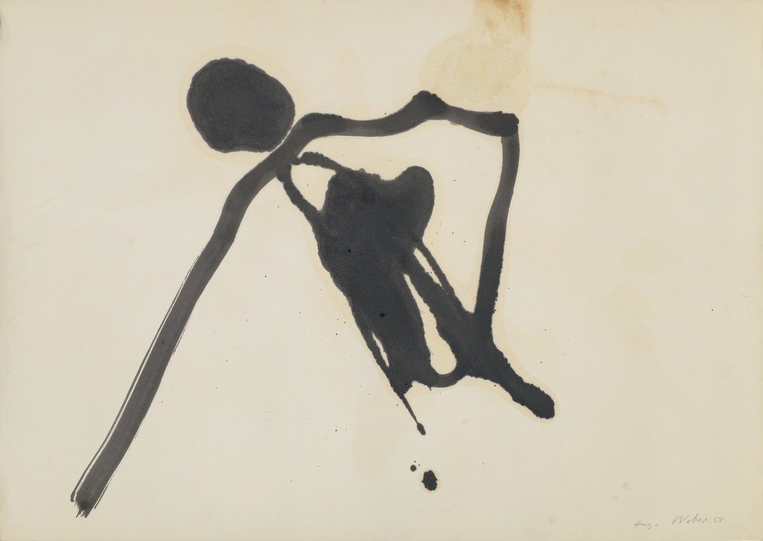 Hugo Weber, Swiss/American 1918-1971- Abstract: Hugo Weber, Swiss/American 1918-1971- Abstract composition; black ink, signed and dated '58 in pencil, 50.4x65cm, (unframed/rolled)