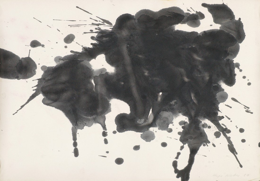 Hugo Weber, Swiss/American 1918-1971- Abstract: Hugo Weber, Swiss/American 1918-1971- Abstract composition; black ink, signed and dated '58 in pencil, 50x65cm, (unframed/rolled)
