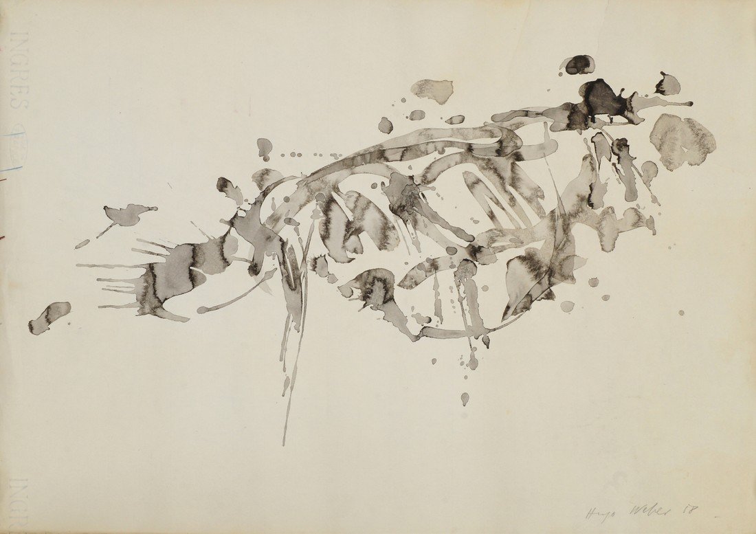 Hugo Weber, Swiss/American 1918-1971- Abstract: Hugo Weber, Swiss/American 1918-1971- Abstract composition; black ink, signed and dated '58 in pencil, 50.2x65.2cm, (unframed/rolled)