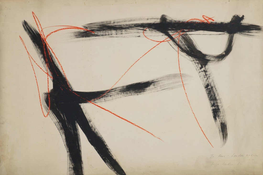 Hugo Weber, Swiss/American 1918-1971- Abstract: Hugo Weber, Swiss/American 1918-1971- Abstract composition; mixed technique black ink with pastel, signed and dated '52 and dedicated 'To Pat, London 9-6-52' in pencil, 56.2x76.7cm, (unframed/rolled)