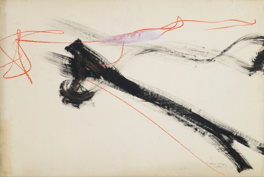 Hugo Weber, Swiss/American 1918-1971- Abstract: Hugo Weber, Swiss/American 1918-1971- Abstract composition; mixed technique black ink with pastel and watercolour, signed and dated '52 and dedicated 'To Pat, London 9-6-52' in pencil, 56.2x76.7cm, (u