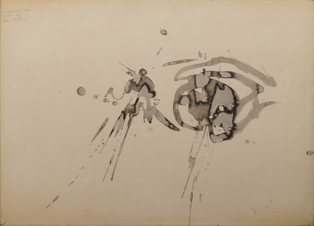 Hugo Weber, Swiss/American 1918-1971- Abstract: Hugo Weber, Swiss/American 1918-1971- Abstract composition; black ink, signed, dedicated and dated 'To Pat, with love London '58' in pencil, 45.6x61cm: together with a smaller example by the same arti