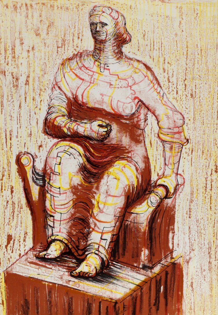 Henry Moore OM CH FBA RBS, British 1898-1986- ''Seated: Henry Moore OM CH FBA RBS, British 1898-1986- ''Seated Figure'' 1950; lithograph printed in colours, 27.5x19.5cm: together with one other lithograph printed in colours by the same artist depicting sta