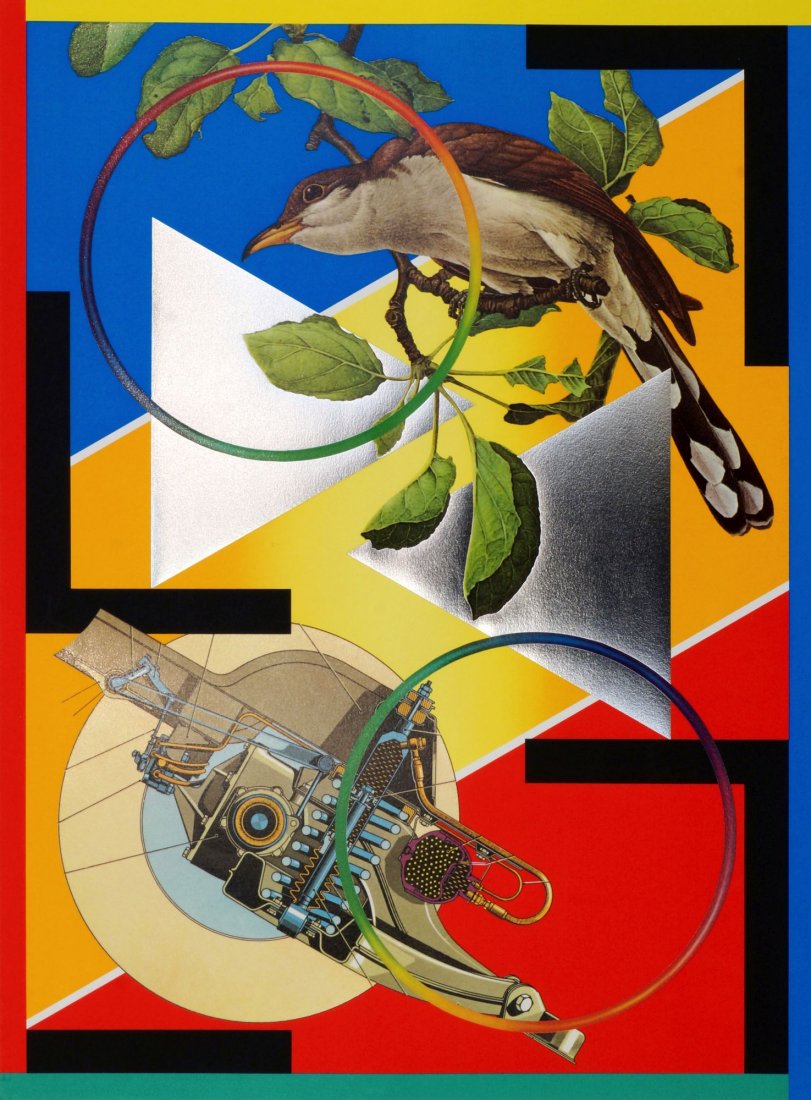 Peter Phillips, British b.1939- Bird with engine, 1974;: Peter Phillips, British b.1939- Bird with engine, 1974; screenprint in colours, signed and dated 1974 and numbered 4/100 in pencil, 72.6x53cm, (unframed) (may be subject to Droit de Suite)