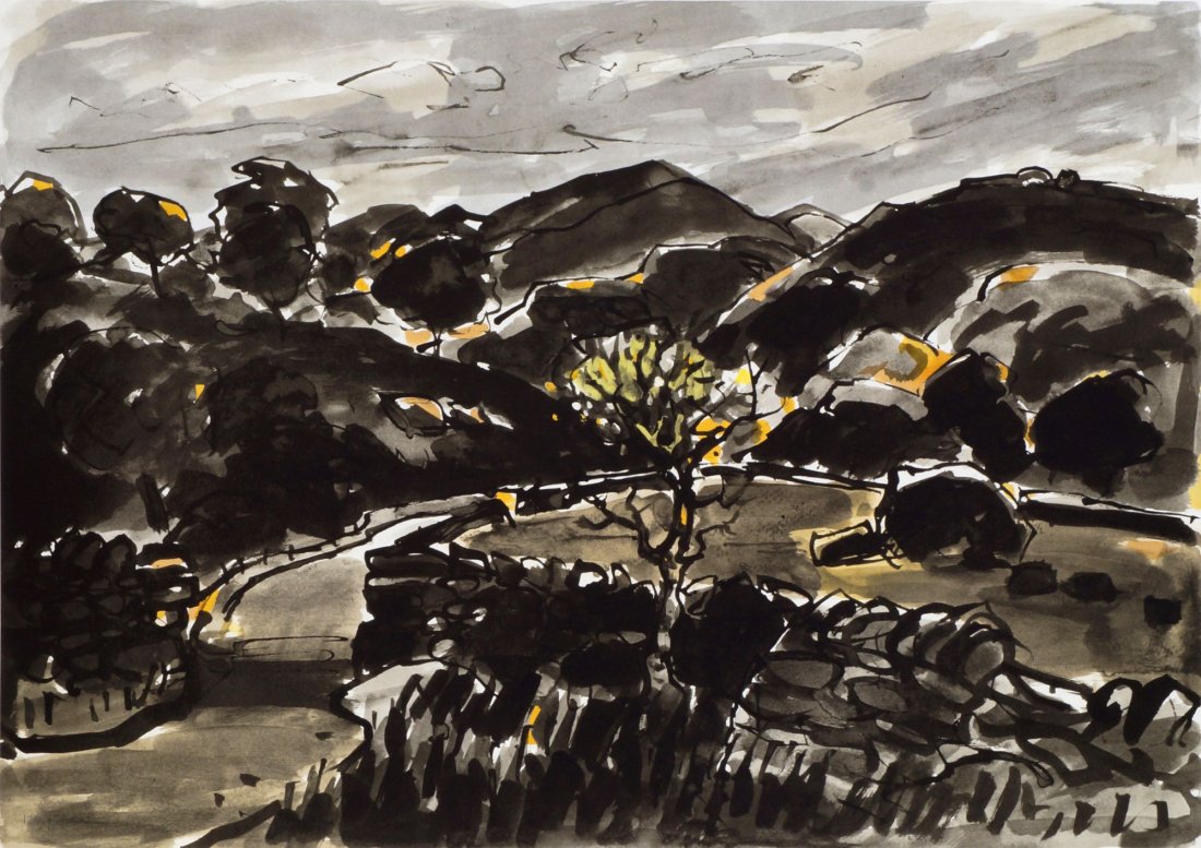 Sir Kyffin Williams KBE RA, Welsh 1918-2006-: Sir Kyffin Williams KBE RA, Welsh 1918-2006- ''Nanmor''; lithograph printed in colours, numbered 124/150 in pencil on the image, 53.8x69.3cm, (may be subject to Droit de Suite)