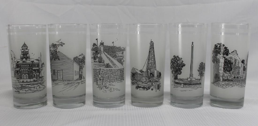 Set of 6 Texas Commemorative Glasses: Set of 6 Texas Commemorative glasses honoring the 150th anniversary of Texas, each glass has different historical site or monument, 6 1/4" H, about 3" Dia