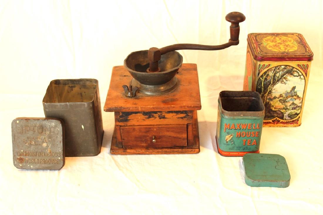 Antique Coffee Grinder with 3 Coffee and Tea Tins (1 of 5)