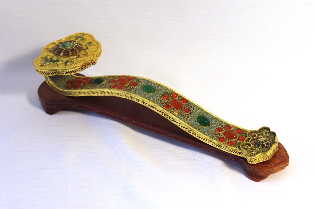 Chinese Ruyi Ceremonial Scepter: Chinese Ruyi Ceremonial Scepter with presious stones on base. Size: 4" H x 4" W x 14" D