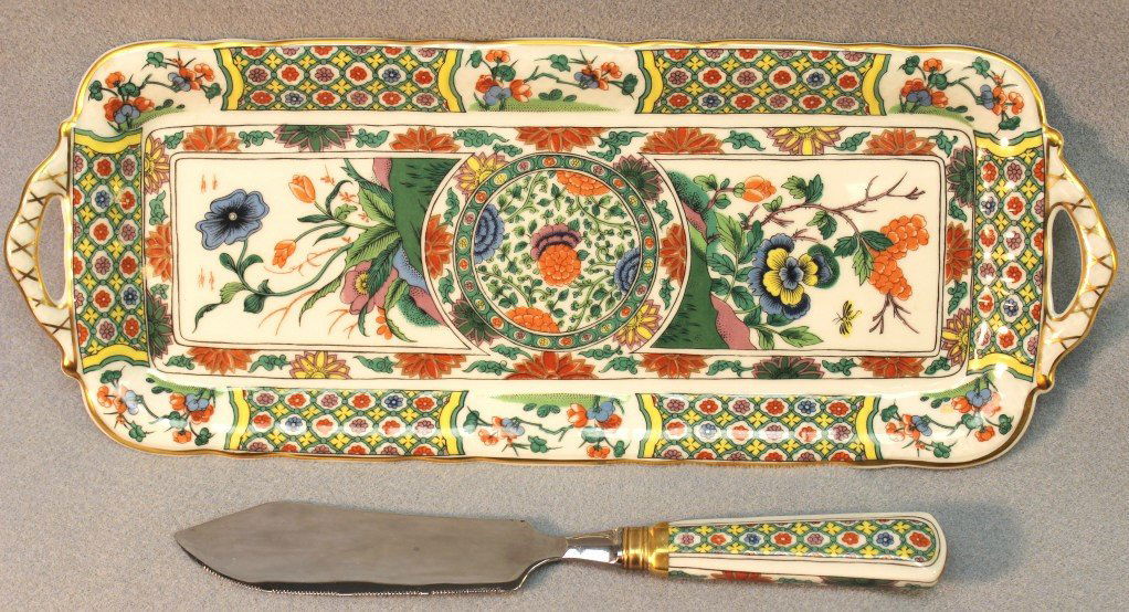 Bernardaud Limoges France Cheese Tray and Knife: Bernardaud Limoges France cheese tray and serving knife in floral pattern. Size: 15.5" L x 6" W