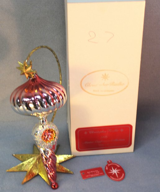 Christopher Radko Hand Blown Ornament: Christopher Radko hand blown colorful Christmas ornament. "Rose Petal Fire" Ltd. #24 of 300. 2005. Stand not included. Designer glass ornaments made in Poland, Germany, Italy, or Czech Republic. Size: