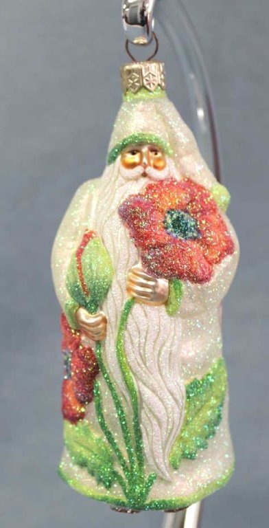 Patricia Breen, "Poppy Santa" Ornament: Patricia Breen, "Poppy Santa" Christmas ornament in pearl and red. Pearl robe trimmed in shades of green stalks and leaves with red poppies. 2002. Stand not included. Size: 5" H Excellent condition