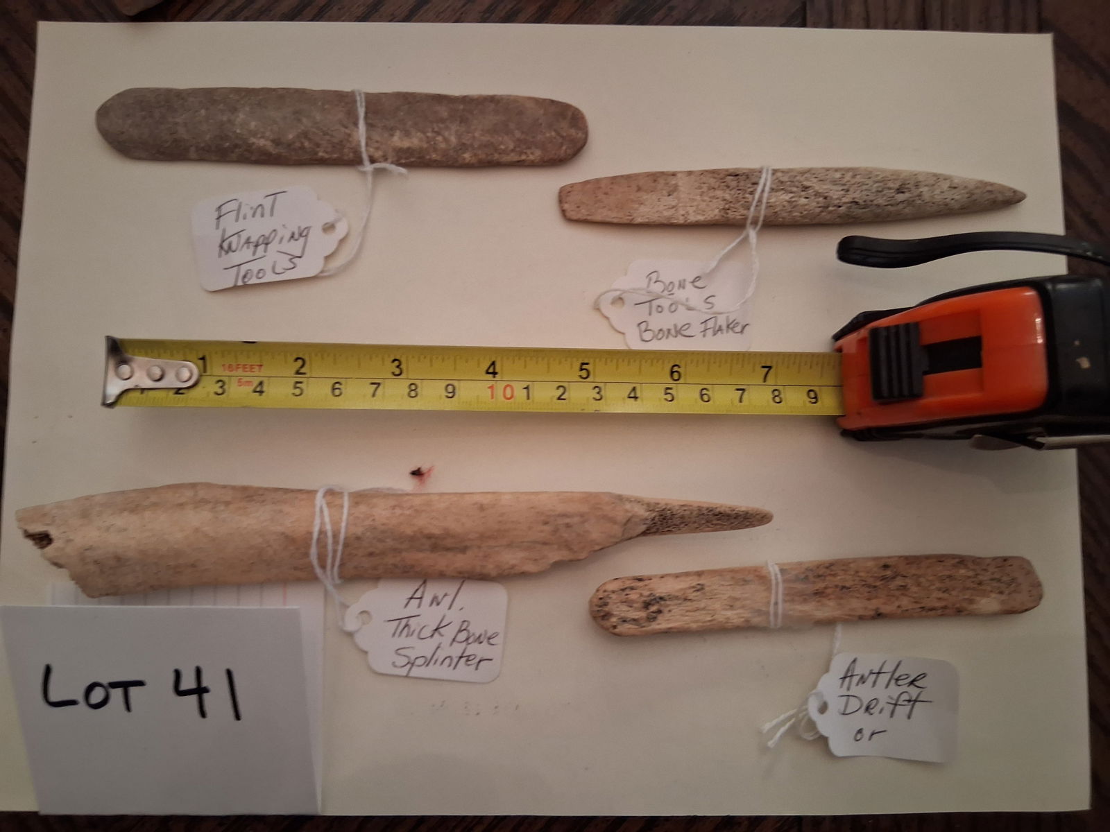Group of Four Bone Tools: Flint knapping tool. Bone tool. Bone flaker. Antler thick bone splinter. Antler drift. Used to chip blades.