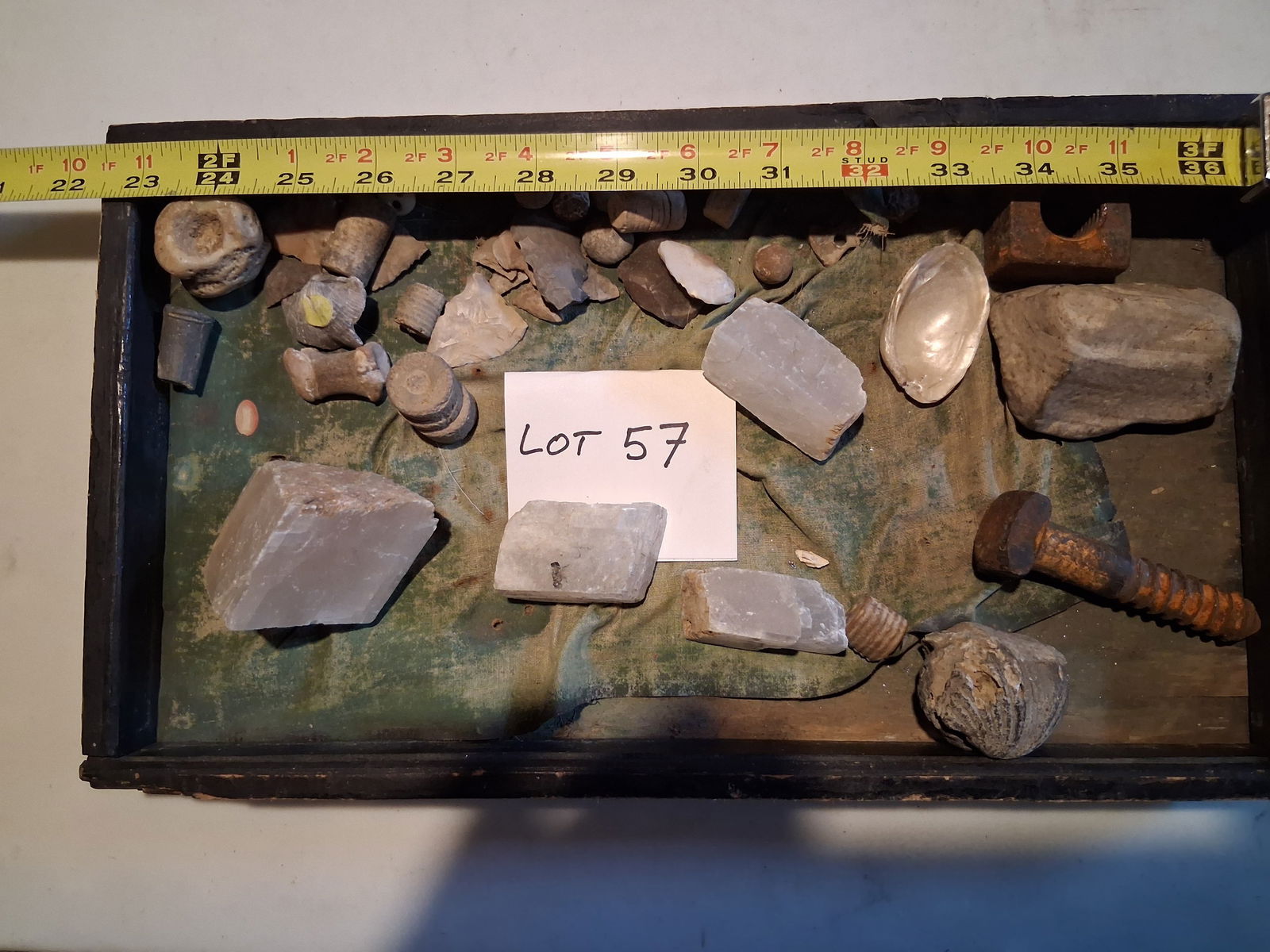 Native American Collection of Fossils: Collection from a trade site. Consists of multiple levels of Native American points and European goods. Sites were often built on top of each other. Modern items are present, showing stratification fr