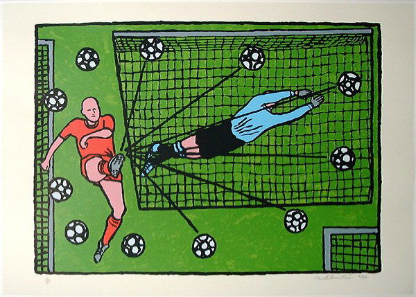 Derek BOSHIER, orig. serigraph, hansigned: Derek BOSHIER born in 1937 Soccer serigraph in colors year: 2002 handsigned, numbered edition of 75 proofs printed on woove paper sheet of paper: ca. 19,6 x 27,55 inches in very good condition Derek B