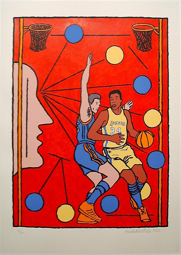 Derek BOSHIER, orig. serigraph, hansigned: Derek BOSHIER born in 1937 Basketball serigraph in colors year: 2002 handsigned, numbered edition of 75 proofs printed on woove paper sheet of paper: ca. 27,36 x 19,56 inches in very good condition