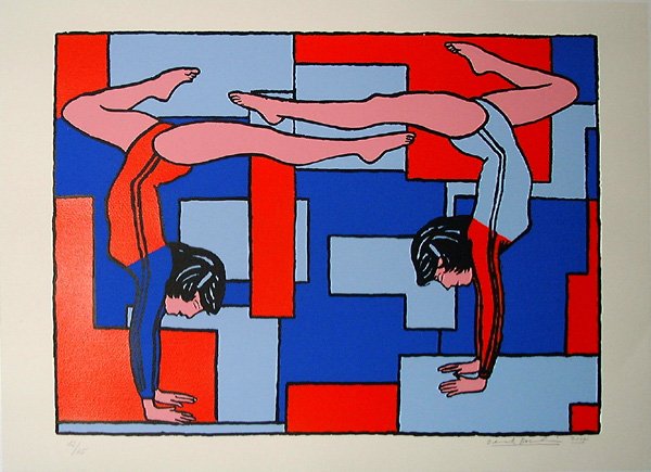 Derek BOSHIER, orig. serigraph, hansigned: Derek BOSHIER born in 1937 Gymnastics serigraph in colors year: 2002 handsigned, numbered edition of 75 proofs printed on woove paper sheet of paper: ca. 19,68 x 27,44 inches in very good condition