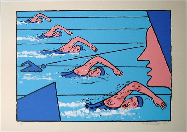 Derek BOSHIER, orig. serigraph, hansigned: Derek BOSHIER born in 1937 Swimming serigraph in colors year: 2002 handsigned, numbered edition of 75 proofs printed on woove paper sheet of paper: ca. 27,55 x 19,68 inches in very good condition <