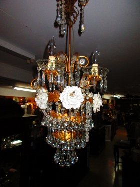 French Antique Crystal & Enameled 3 Light Chandelier (1 of 4)