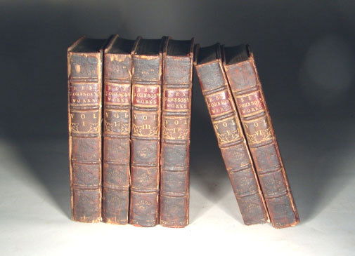 Johnson. Works of Johnson, 6v, 1716: Johnson, Ben. The Works of Ben Johnson, in six volumes. London. Complete set. Bound in leather with gilt tooling on covers and spine. Raised spine with gilt lettering and ornamentation. Covers worn an