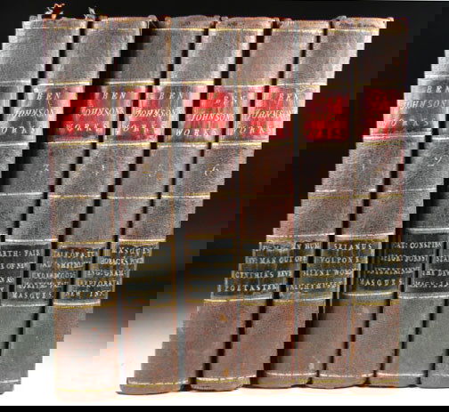 Johnson. The Works of Ben Johnson, 6v, 1716, 1717: Johnson, Ben. The Works of Ben Johnson. London: printed for F. Walthoe, F Wotton, et. al. Complete six volume set. Full leather binding with red and black paste down labels. Edges and joints somewhat