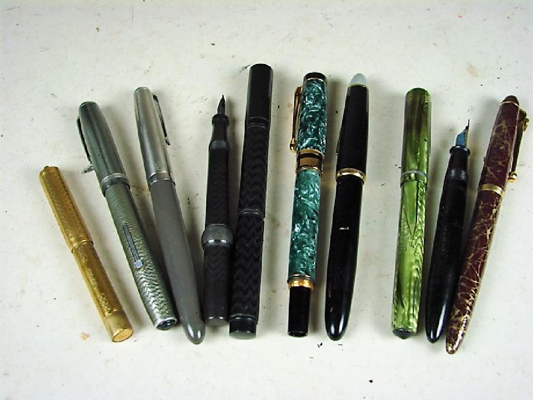 Group of 10 Fountain Pens: including: Esterbrook, Watermans Ideal, and others. Several have 14K gold nibs. Wear from use.