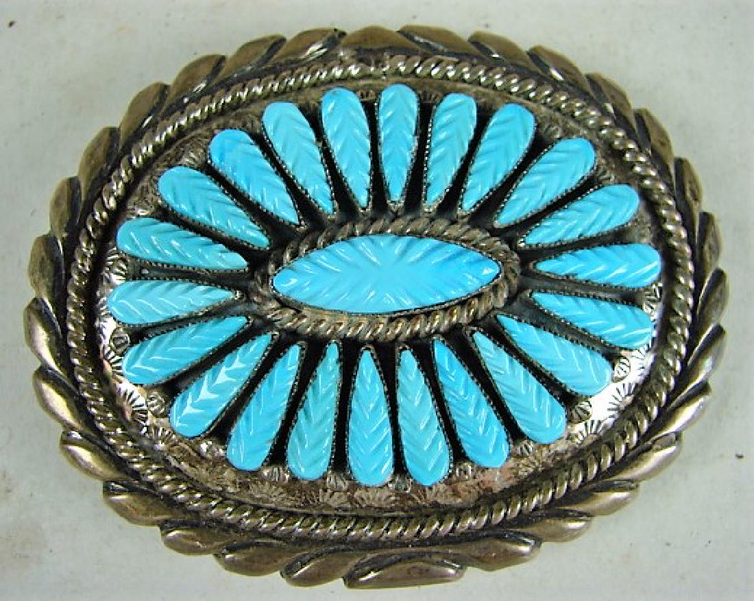 Robert Eustace Zuni Tribe Sterling & Turquoise Buckle: signed on the back by the maker, minor wear. 3 1/4" l