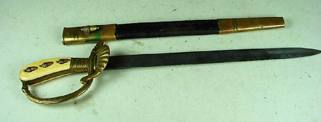 German Hunting Dagger with Bone Grips: marked Clemen & Jung Sulingen. Engraved blade has multiple nicks. Two acorns are missing from grip. Moderate wear/loss of finish o scabbard. Blade 13", overall 18 1/2"