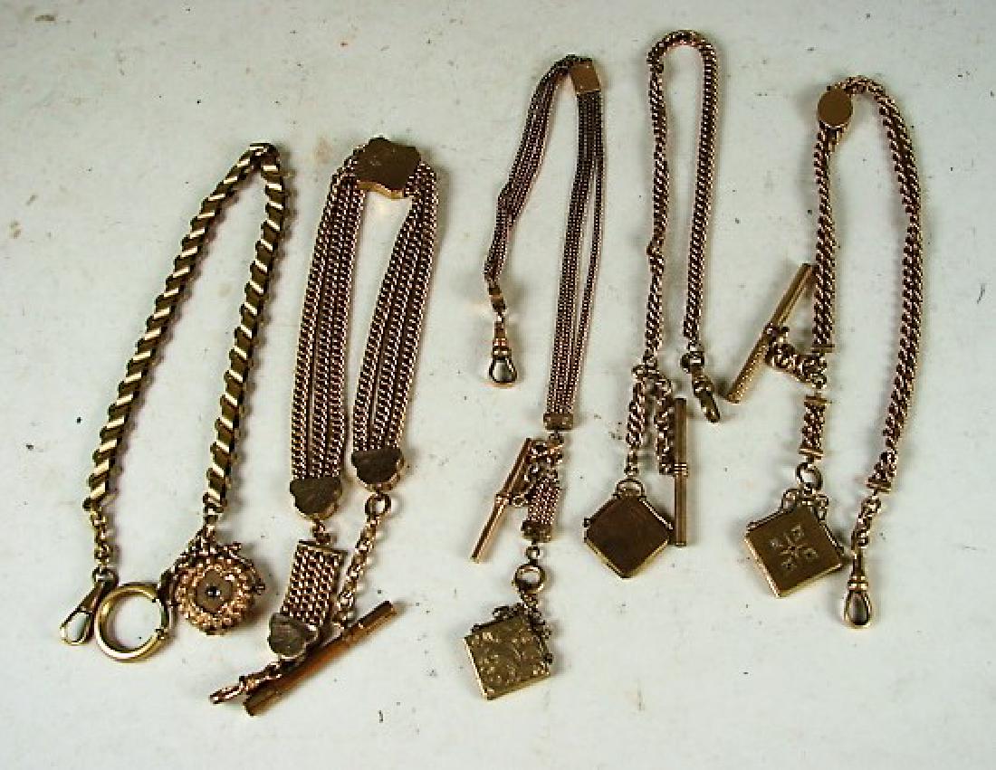 Lot of 5 Heavy Vintage Watch Chains: all but one have fobs. The four fobs are lockets. Wear from use. Longest 13"