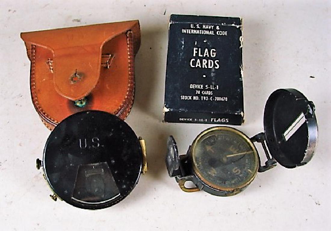 US Army Corps of Engineers Compass: elevation tool in US marked pouch and US Navy Flag cards made by US Playing Card Co. All show wear from use. Pouch 3 1/2" h