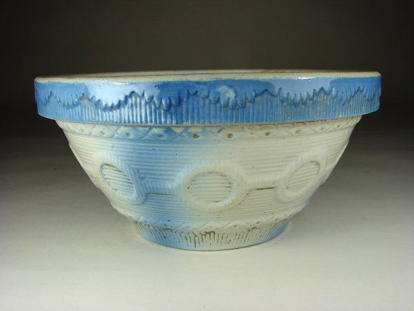 Salt Glazed Bowl "Wedding Ring": Blue and white, listed as a scarce pattern and not in this size on page 169 in Salt Glazed Stoneware by Taylor & Lawrance. Hairline along bottom rim and into bowl center, some glaze imperfections. 5 1