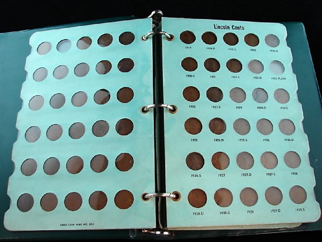 Near Set of Lincoln Cents: from 1909-1961 in old deluxe album. Missing 1909 SVDB, 1909S, 1911S, 1914D, 1922 plain, 1931S. Majority are G-VG with some better.