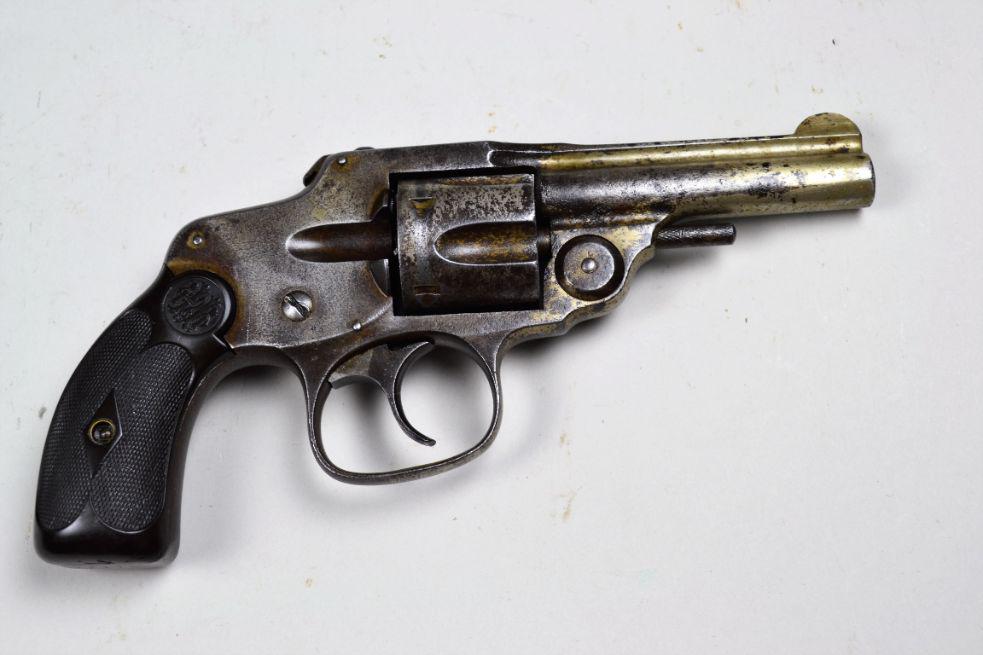 Spencer Safety Hammerless Double Action Revolver: in .32. This is the scarcer all steel frame. Approximately 20% finish remaining. Balance is grey with pitting. Bore is fair with heavy pitting. Hard rubber grips are very good with light wear and chip