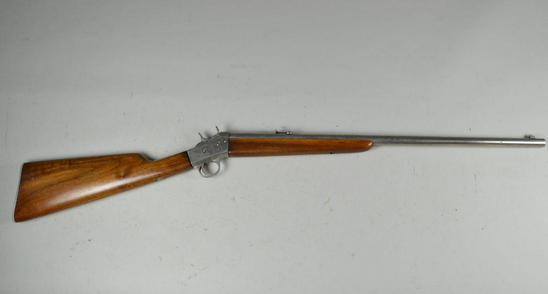 Remington Rolling Block No 4 Rifle*: in .32 short or long. Approximately 90% nickel finish with spots of rust. Bore is good with moderate pitting. Stock is refinished and excellent with minor storage wear. Barrel 22", overall 36 1/2". *R