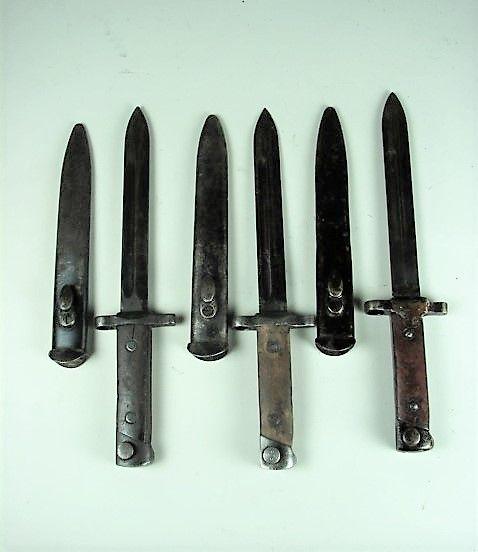 3 Italian 1938 Carcano Fixed Bayonets: one is converted folder, wear/rust throughout