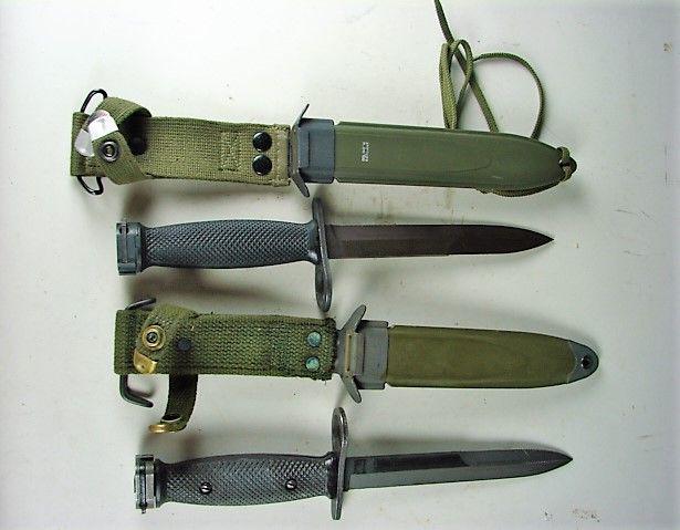 Two US M7 Bayonets: one marked BOC in TWB M8A1 scabbard. Other is new Made in Germany example, wear from use.