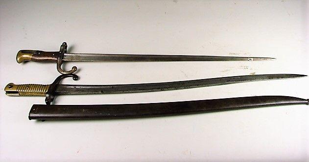 French Model 1866 Chassepot Bayonet: non matching and an 1874 Gras bayonet. Moderate wear/rust