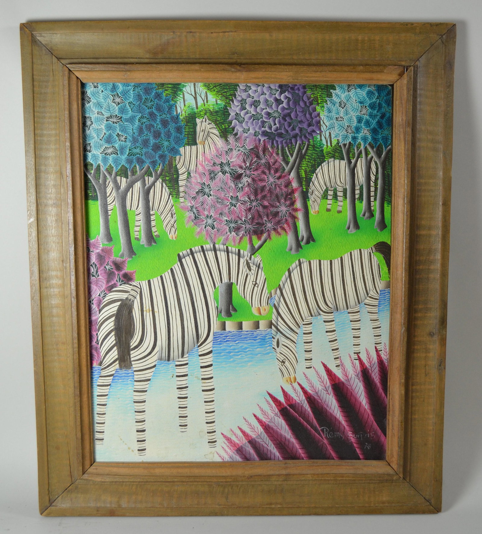 Oil on Canvas of Zebras: signed lower right Remy Surpris 1978. A listed Haitian artist known from his jungle scenes. Minor staining along bottom edge, otherwise excellent condition. Ss. 19" h x 15" w, overall 26" h x 21" w