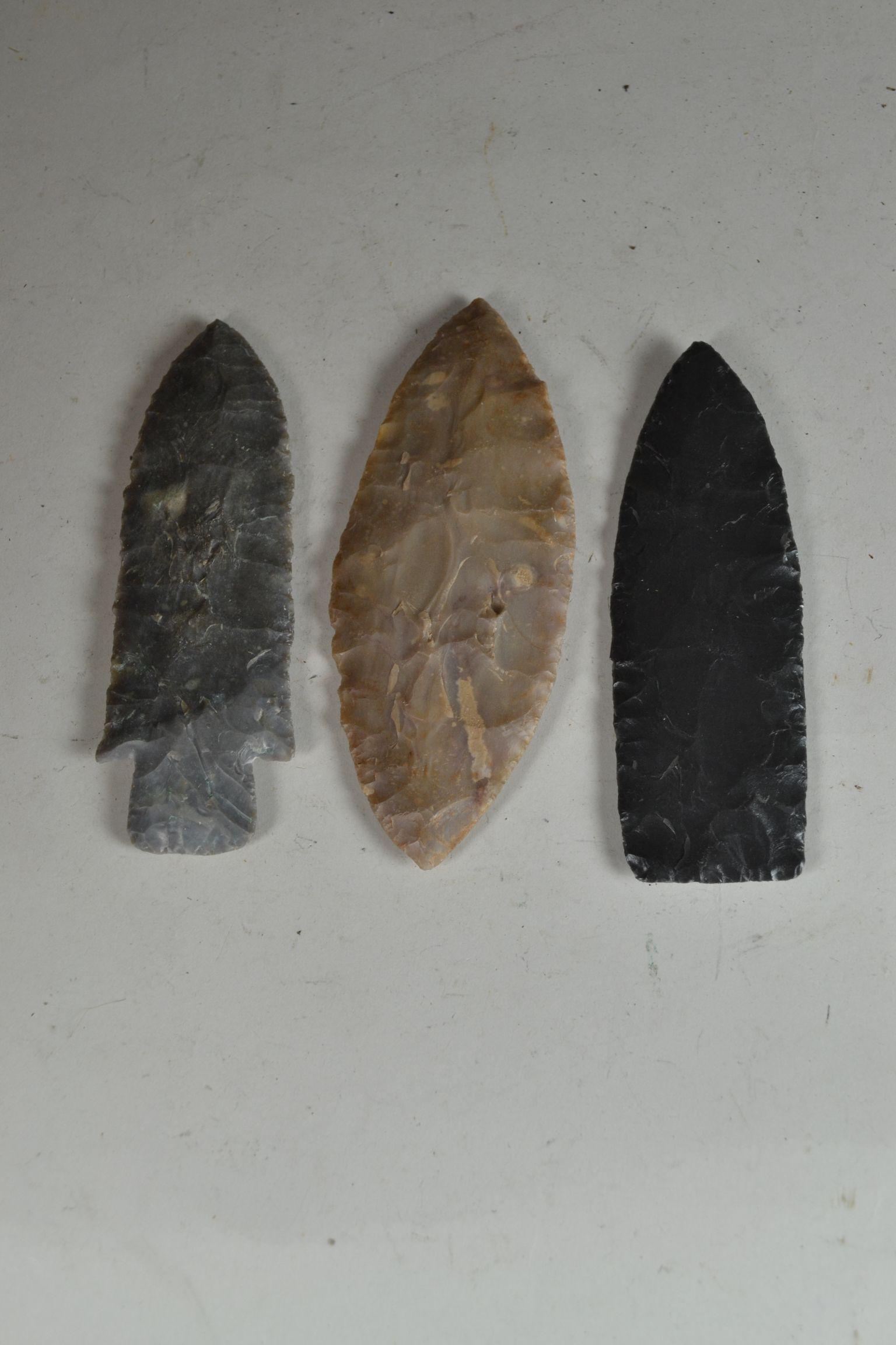 2 Flint Spear Points and a Flint Knife/Scrapper: excellent condition, largest 6 1/4" l x 2 1/2" w