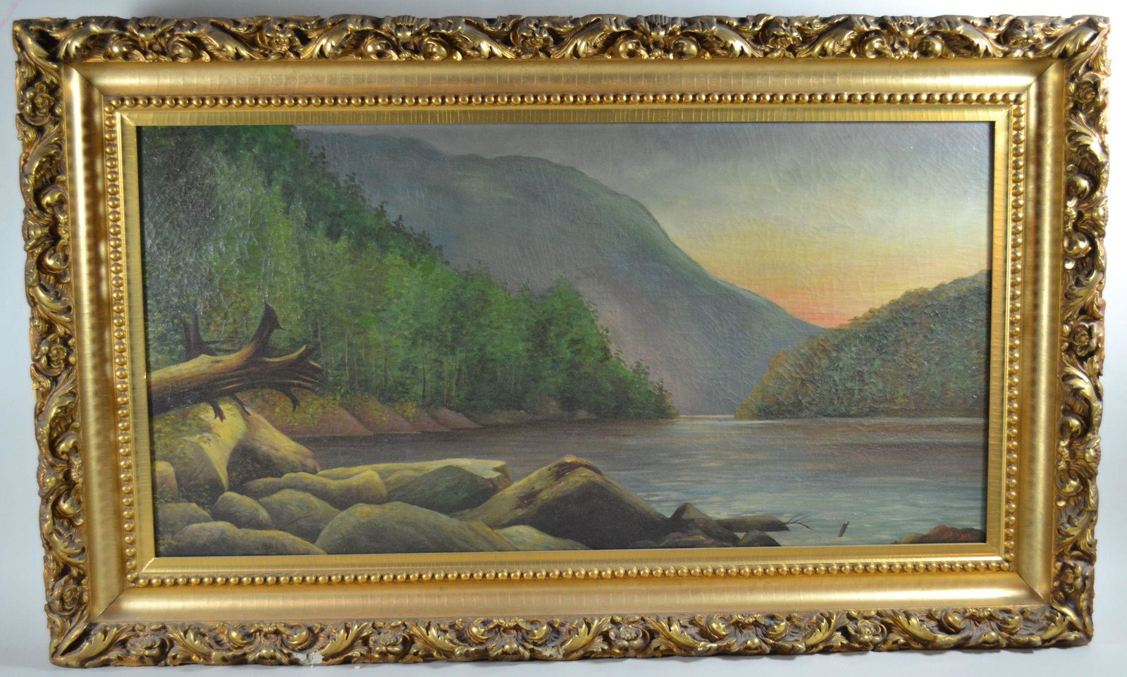 Hudson River School Landscape: oil on canvas depicting mountainous river valley ca 1850. Signed C.F. Sipos. Minor damage to nice gilt frame. Geo F. Math & Co N&Y Artist Supply label on stretcher. Image size: 23" h x 45" w.