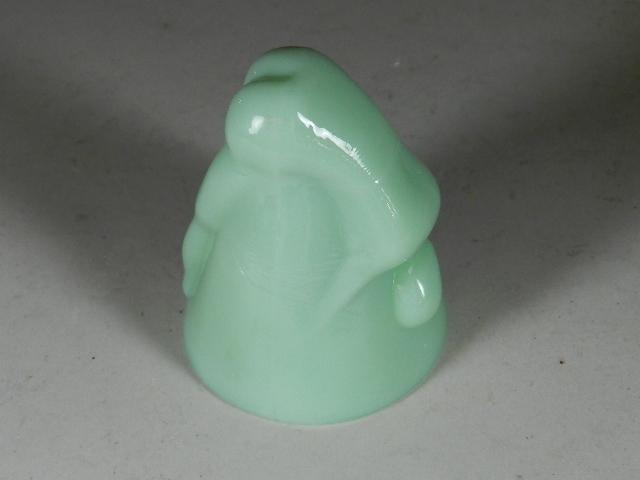 Vintage Russo Glass Co Shot Glass: Bottoms Up, jadeite. Has closed legs and no patent mark. 3" h. Excellent condition.