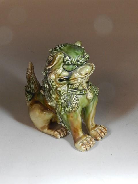 Vintage Norleans Taiwan Pottery Foo Dog: with green and brown glaze. Has original label. Minor wear. 9" h x 8" w