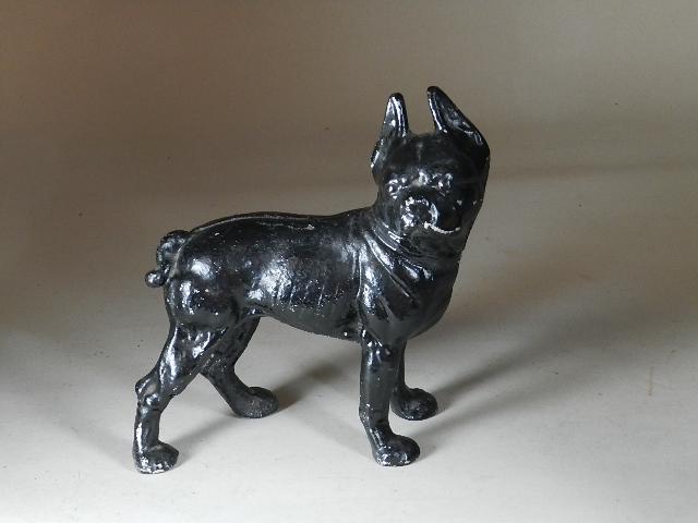 Cast Aluminum Boston Terrier Door Stop: painted black, wear/loss of paint to high spots. 9 1/2" h x 10" w